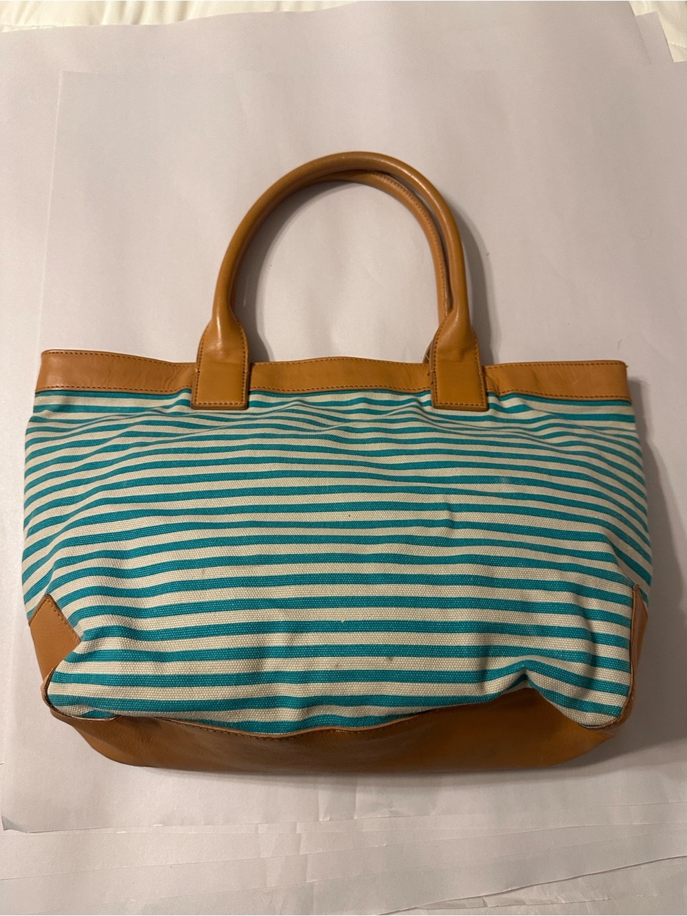 Tory Burch Teal and Cream Striped Canvas Small Sophia Tote with Tan Leather Trim - Picture 3 of 16